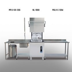 Lavavajillas capota NL1000 con mesa de prelavado izquierda MPLV-DS-120i y con mesa de salida derecha MSLV-E-120d